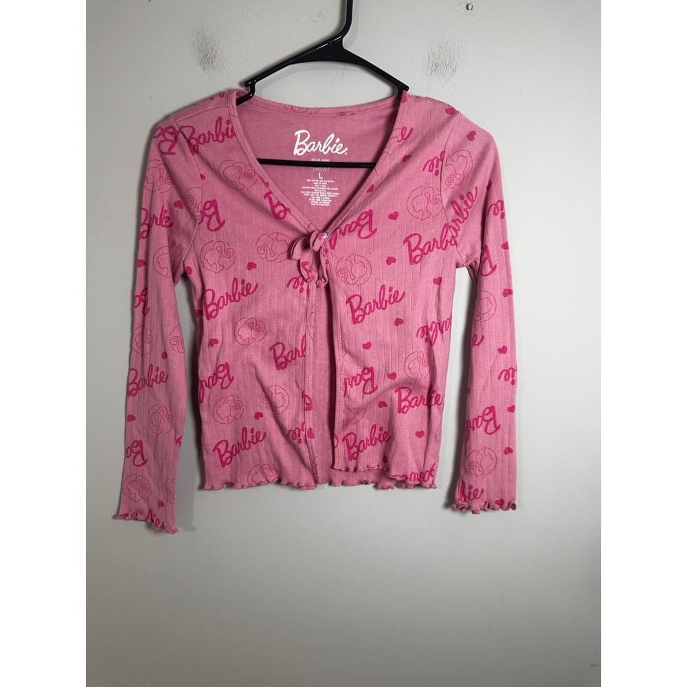 Barbie Hybrid Apparel Pink Ribbed Tie Front Long Sleeve Lettuce Trim Top Large